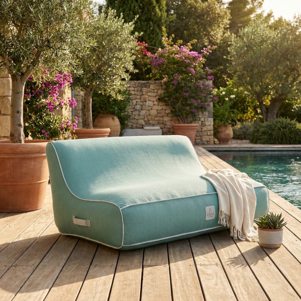 Canapé de jardin Alizé vert sauge Soge sur une terrasse en bois