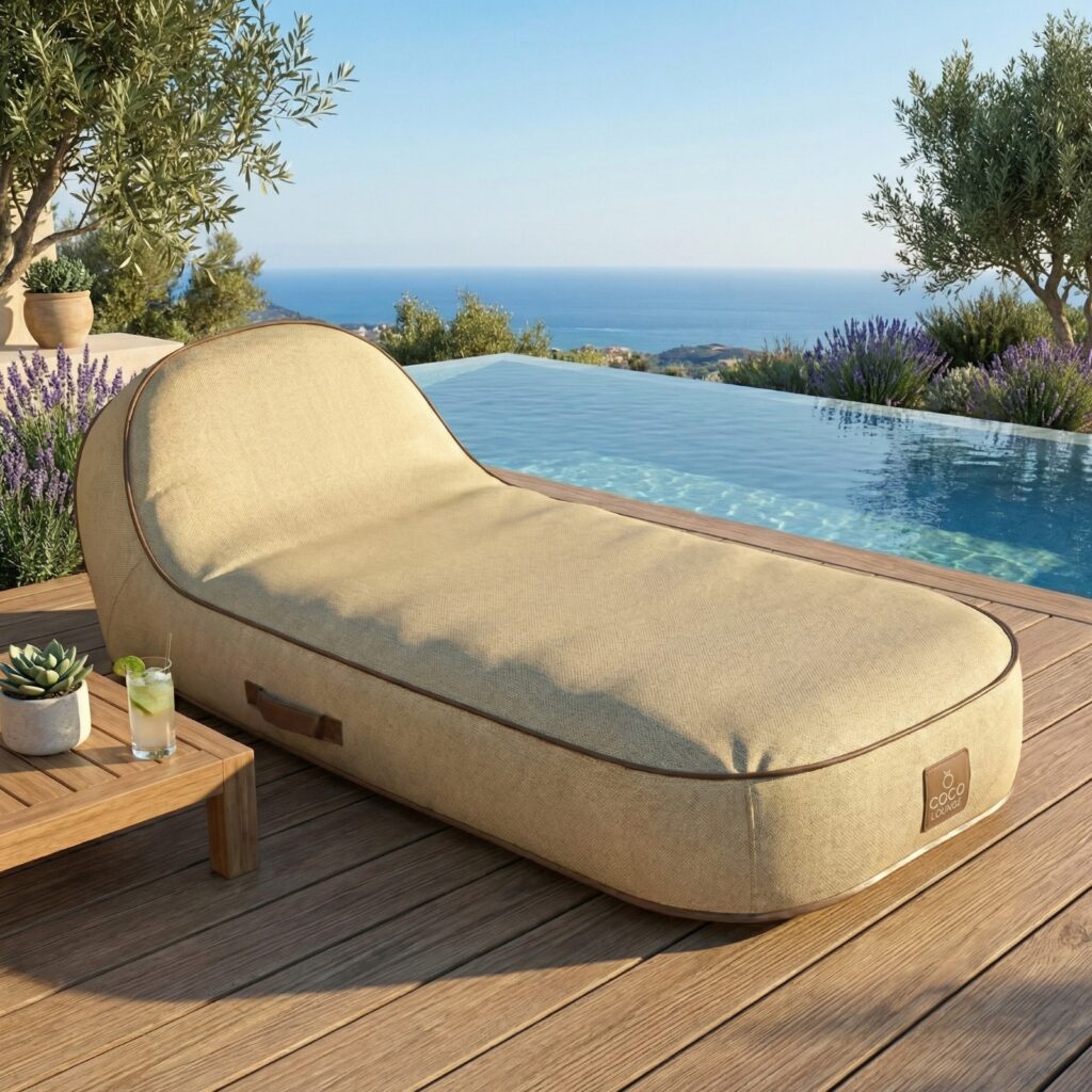 Transat Palma beige Boho sur une terrasse en bois au bord d’une piscine