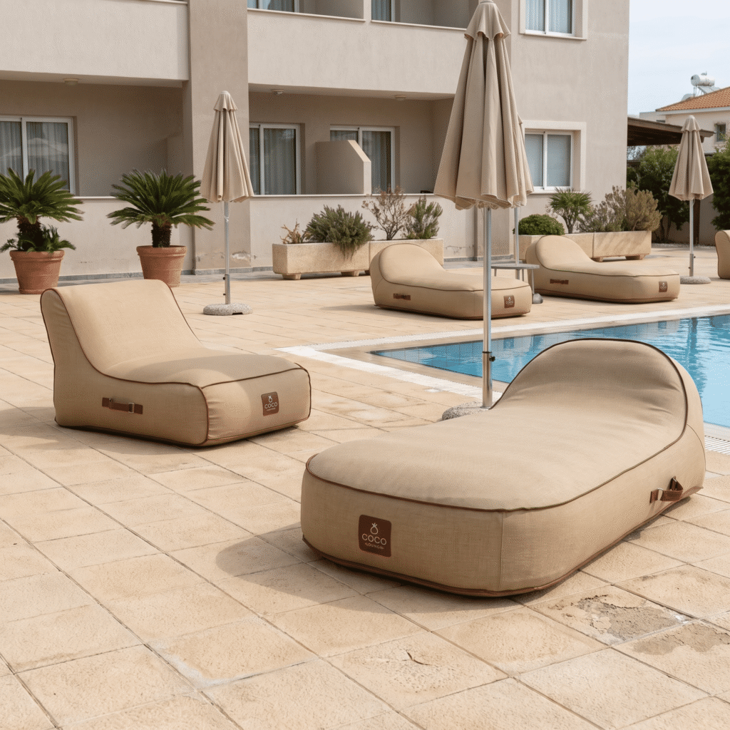 Des transats gonflables beiges sont disposés autour d'une piscine sur une terrasse ensoleillée d'un hôtel avec parasols et plantes en pots.