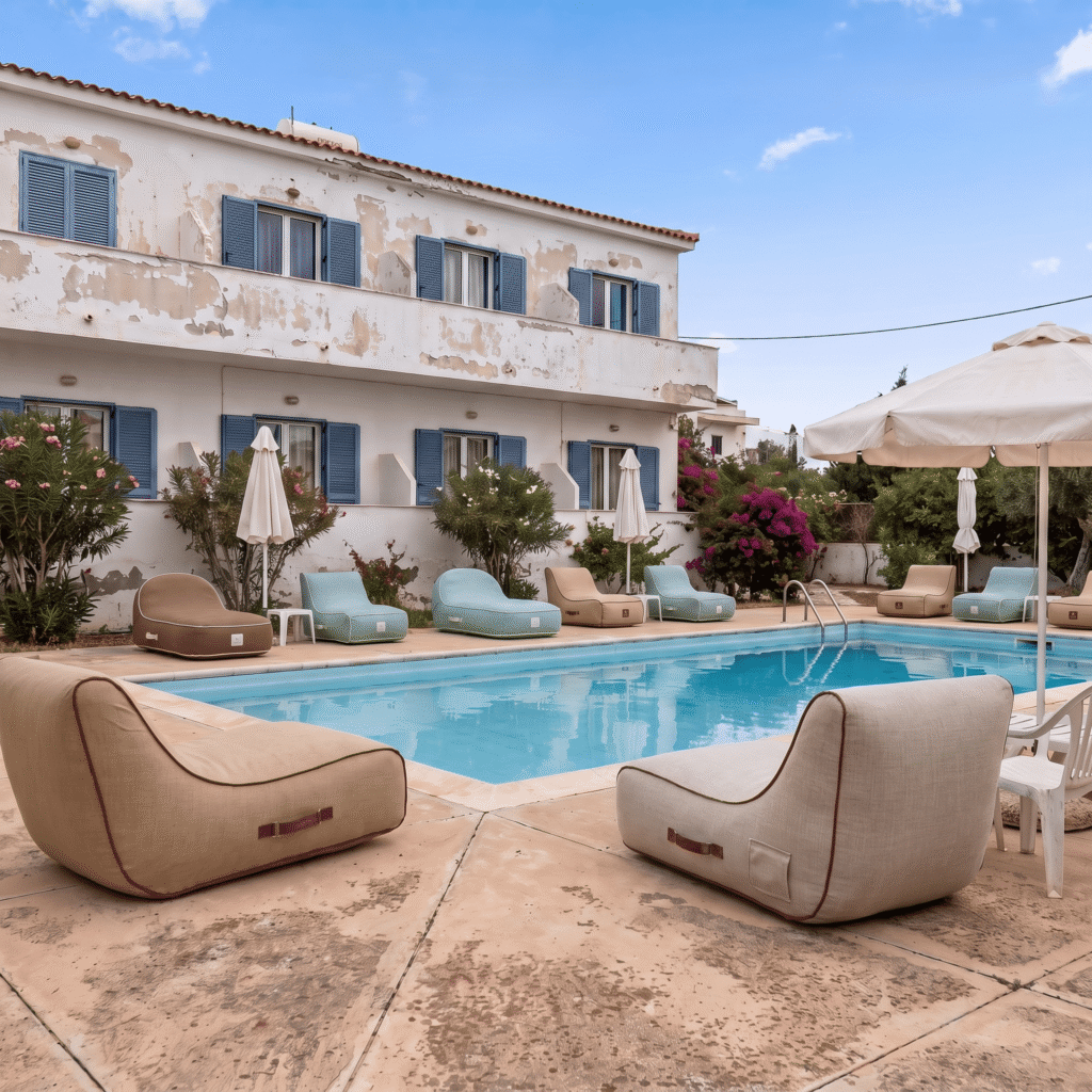 Fauteuils et transats gonflables beiges disposés autour d'une piscine avec villa méditerranéenne en arrière-plan sous un ciel bleu estival.