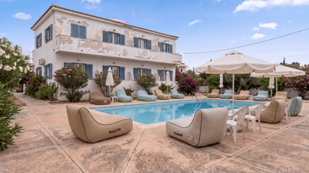 Des fauteuils et poufs gonflables beiges sont disposés autour d'une piscine sur une terrasse ensoleillée devant une villa méditerranéenne avec végétation.