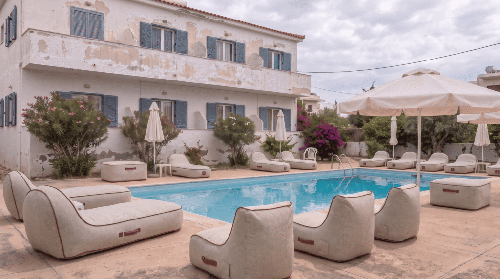 Salon de jardin gonflable beige avec fauteuils et poufs disposés autour d'une piscine dans un cadre extérieur élégant et luxueux.