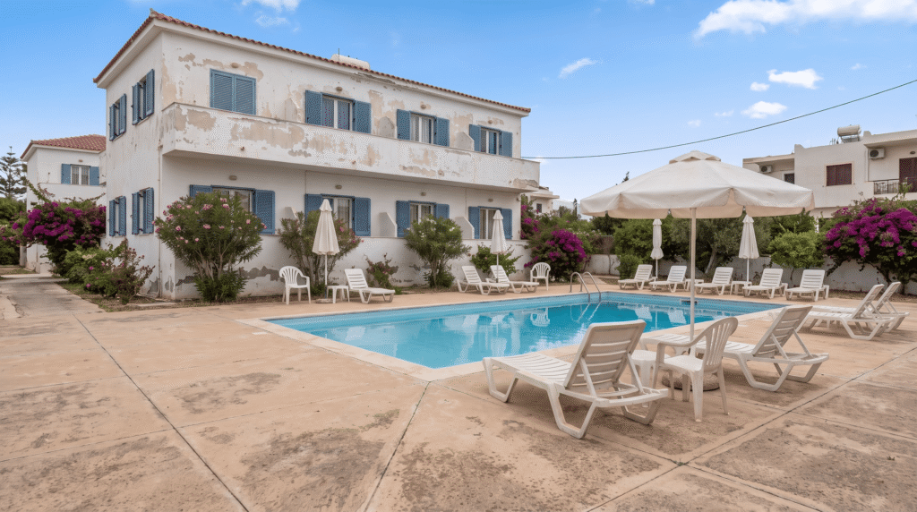 Transats blancs disposés autour d'une piscine avec parasol, devant une maison méditerranéenne blanche aux volets bleus et végétation fleurie