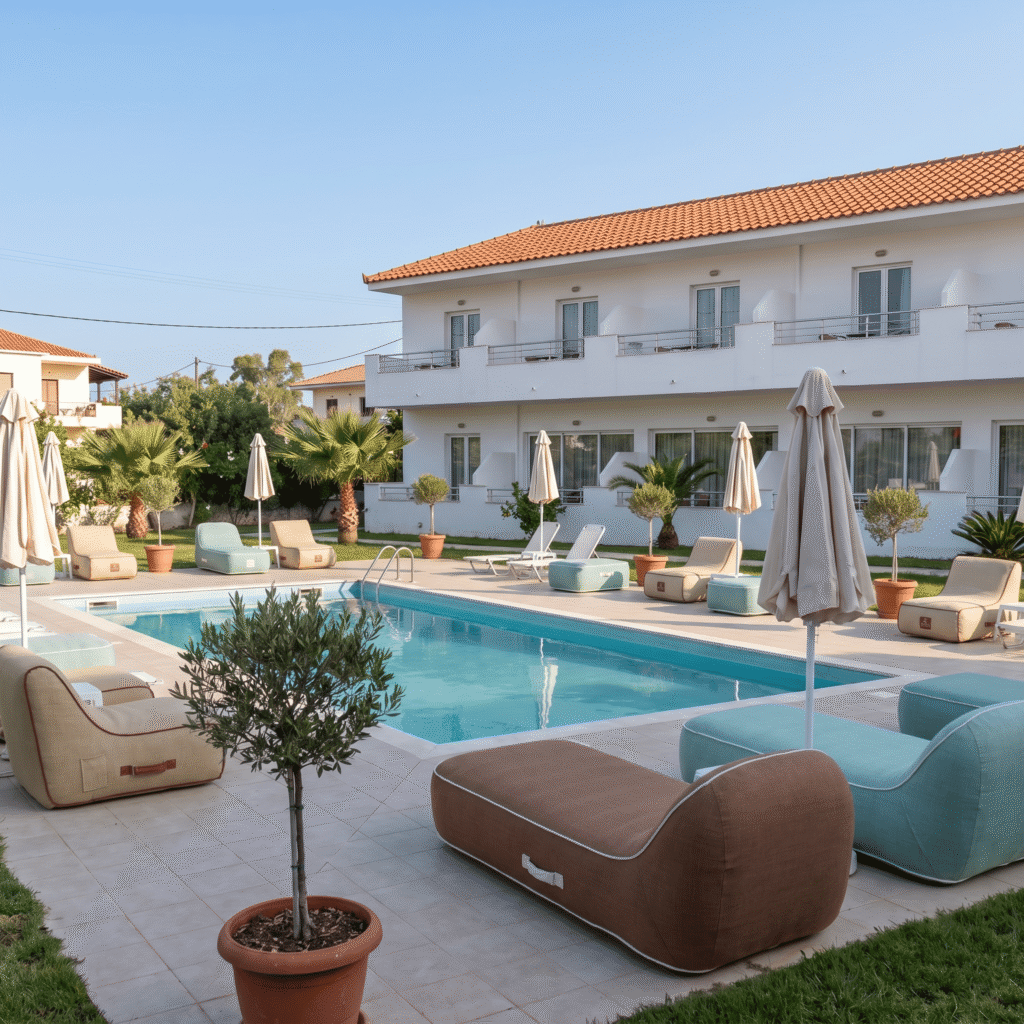 Poufs et transats gonflables beiges et bleus disposés autour d'une piscine avec palmiers, dans un cadre méditerranéen luxueux et ensoleillé