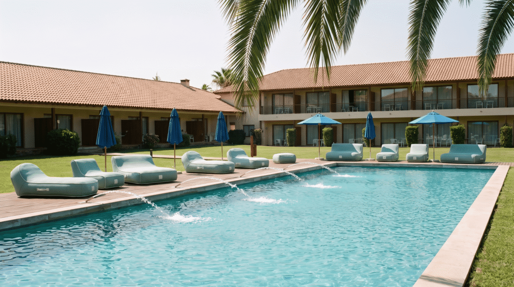 Salons de jardin gonflables bleus disposés autour d'une piscine luxueuse avec palmiers et hôtel en arrière-plan dans une ambiance estivale relaxante.