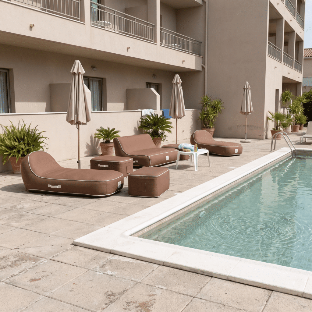 Transats et poufs gonflables marron chocolat disposés autour d'une piscine sur une terrasse d'hôtel ensoleillée avec parasols et plantes.