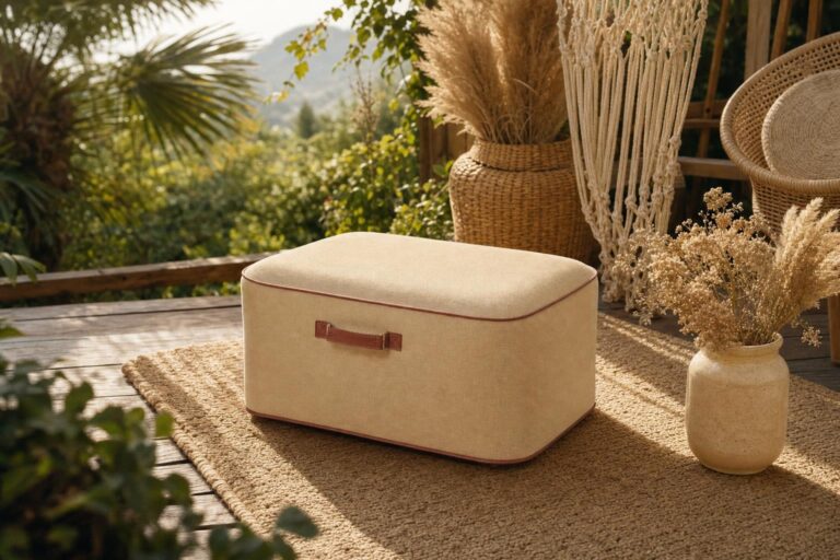 Pouf ottoman beige avec liseré marron posé sur une terrasse bohème aux matériaux naturels et à la végétation luxuriante.