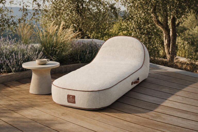 Transat gonflable beige avec passepoil marron en tissu Olefin installé sur une terrasse en bois contemporaine avec végétation naturelle.
