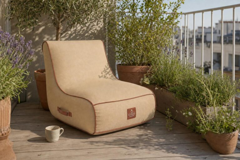 Fauteuil gonflable beige avec passepoil marron en tissu Olefin installé sur un petit balcon urbain aménagé en salon d'extérieur.