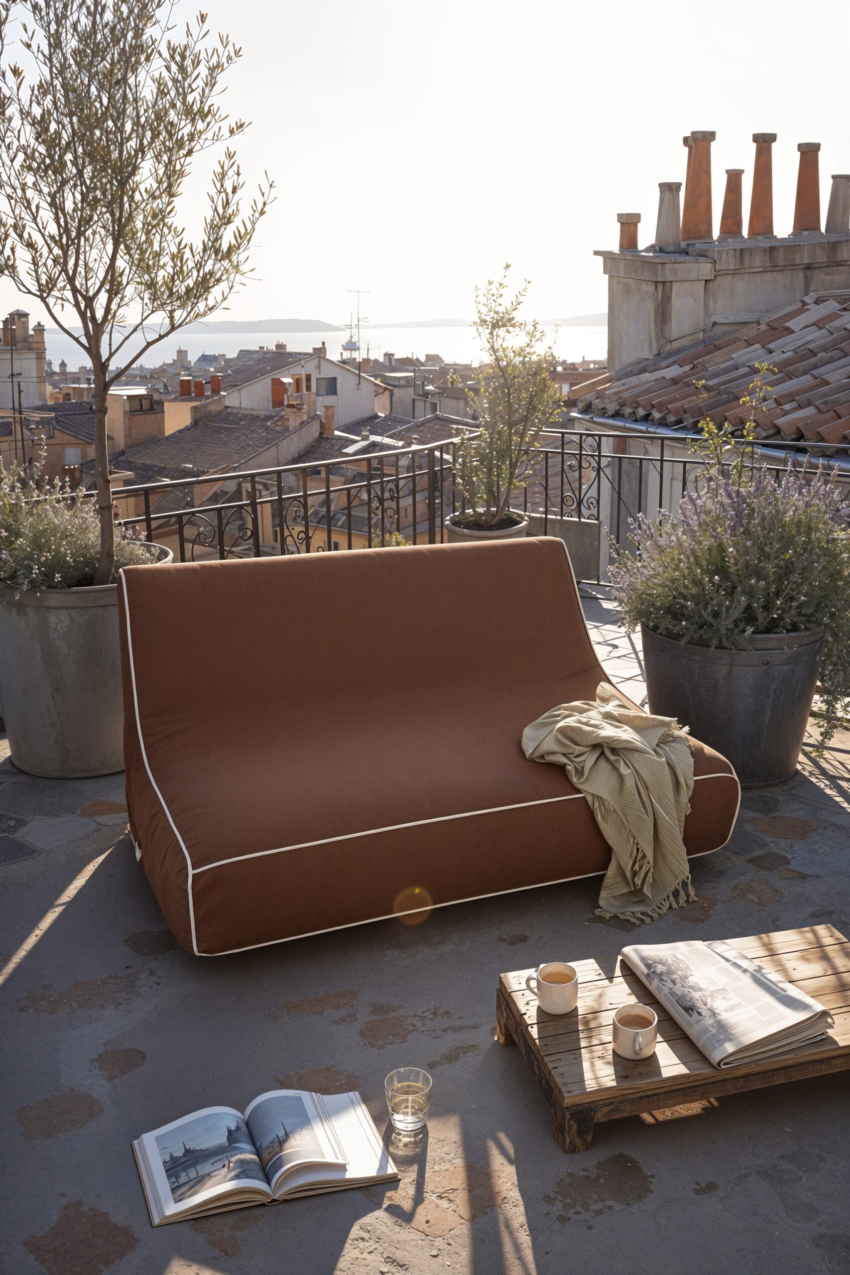 Salon de jardin gonflable marron sur un toit-terrasse marseillais en contre-jour