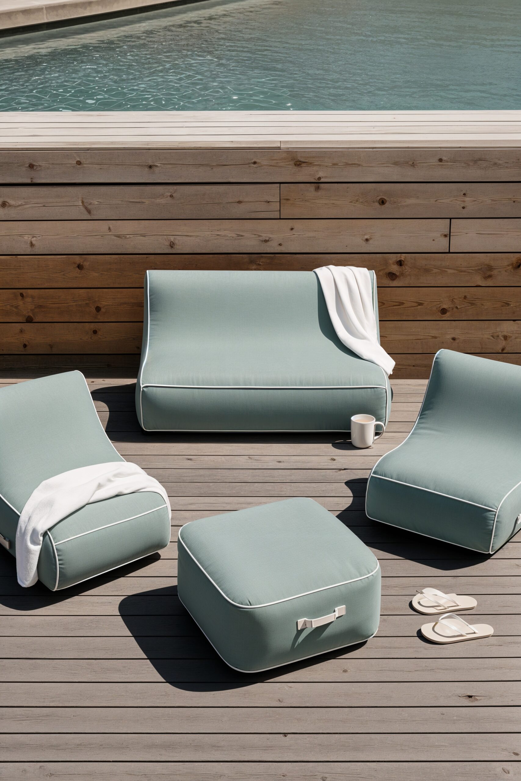 Pack Salon Complet Soge en vert d'eau installé au bord d'une piscine hors-sol habillée de bois sous un soleil de midi
