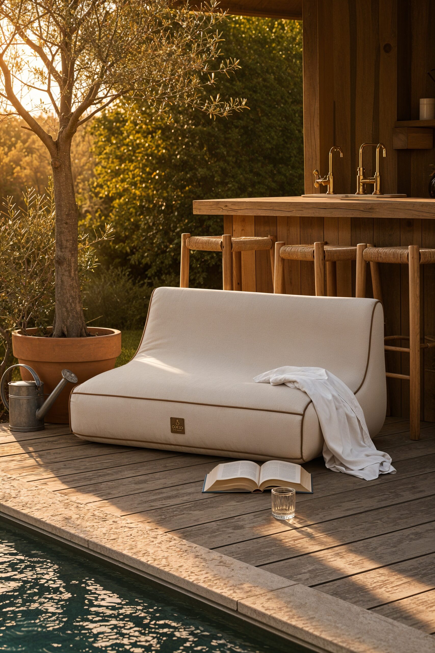 Sofa gonflable Alizé Aloha beige installé dans un pool house avec bar en bois sous une lumière matinale laiteuse