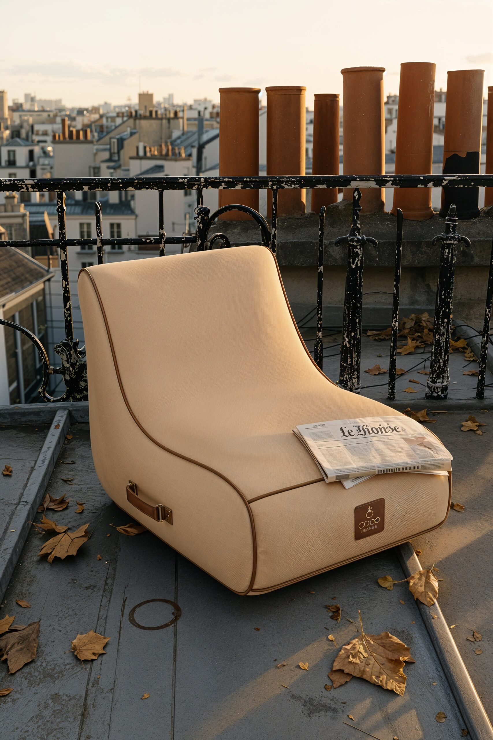 Fauteuil gonflable Riviera Boho installé sur un rooftop parisien au coucher de soleil