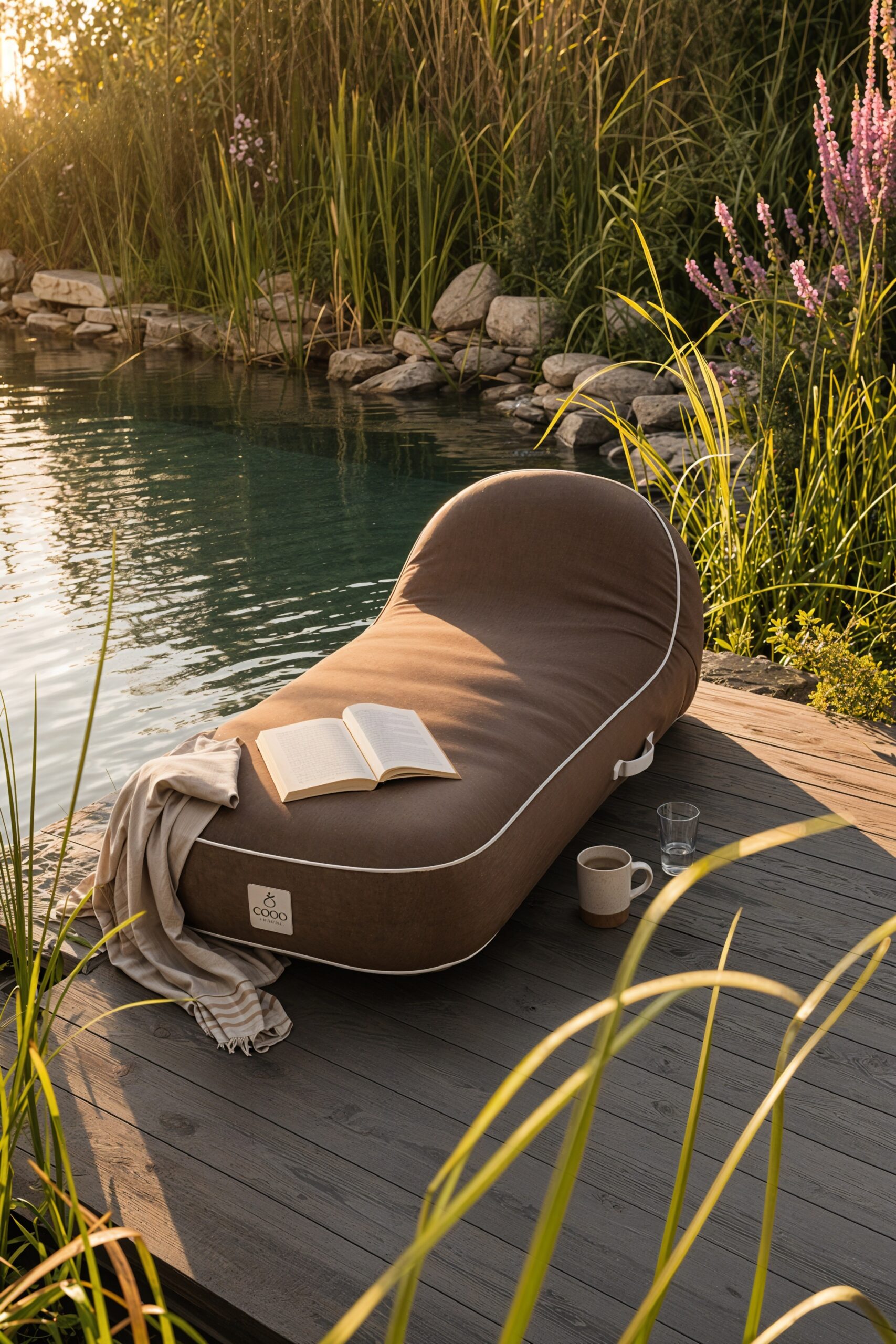 Transat gonflable Palma Moka installé au bord d'une piscine naturelle avec roseaux lors du golden hour
