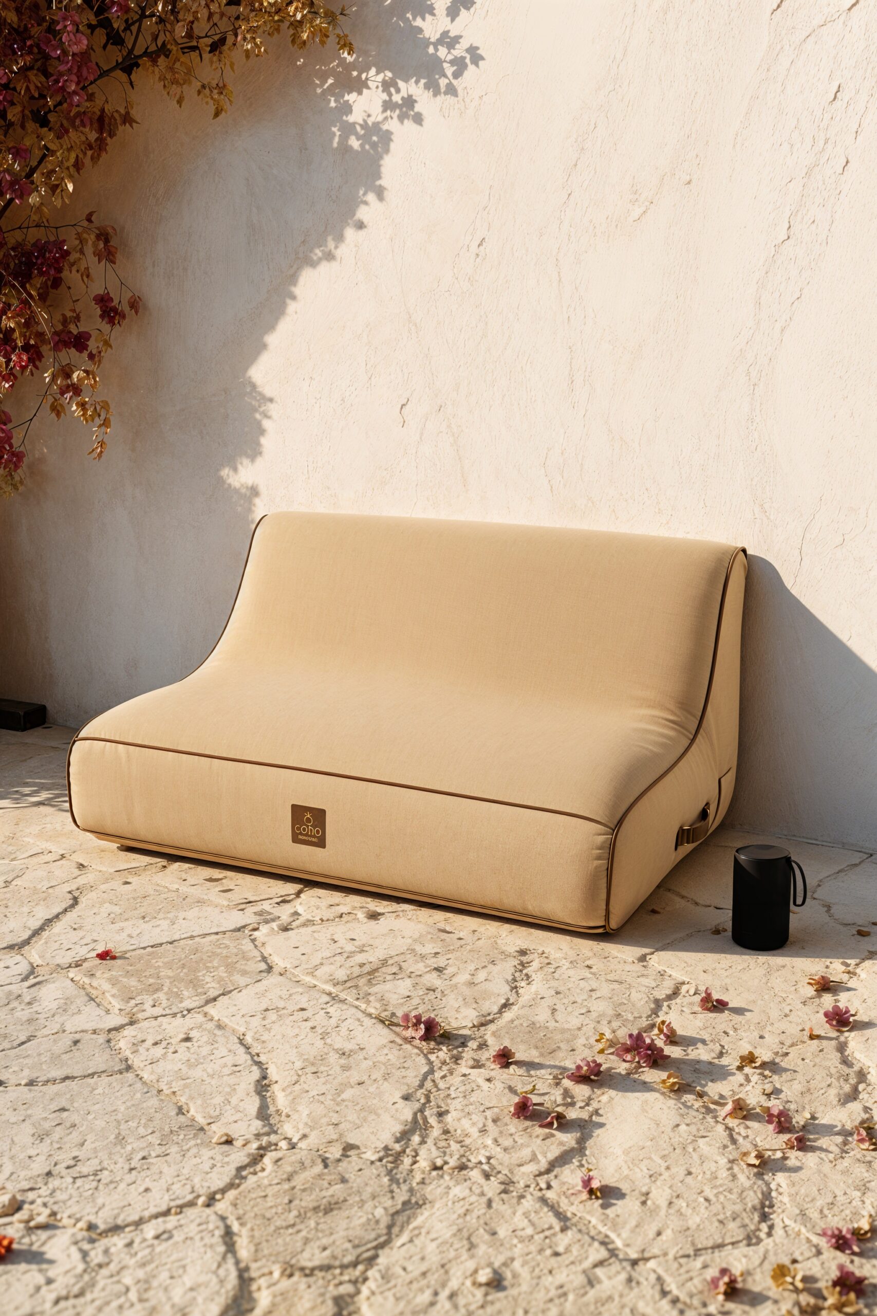 Sofa gonflable beige style bohème sur terrasse méditerranéenne aux murs blancs chaulés, photographié en golden hour