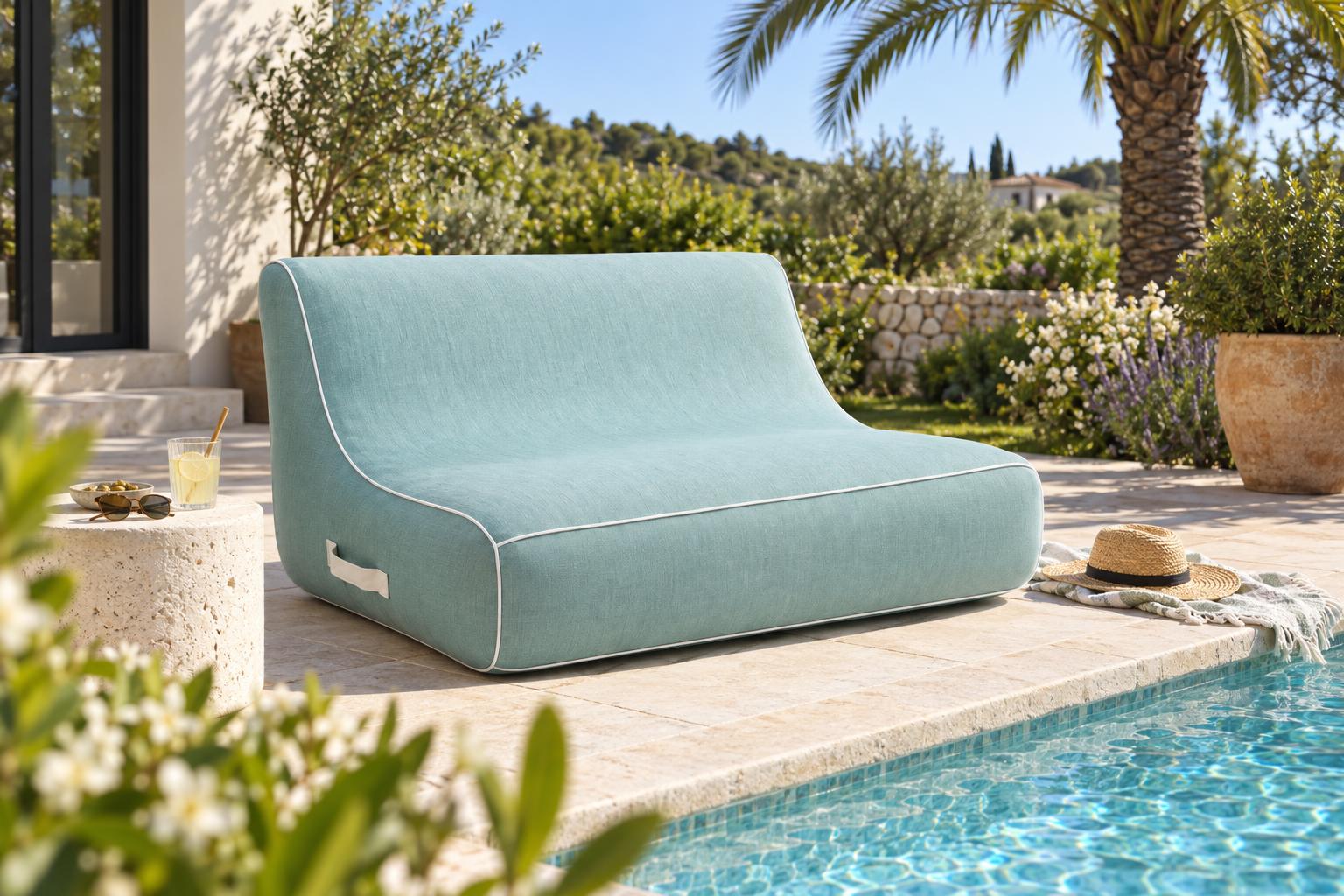 Sofa Soge au bord de la piscine d'une maison familiale, dallage en pierre claire