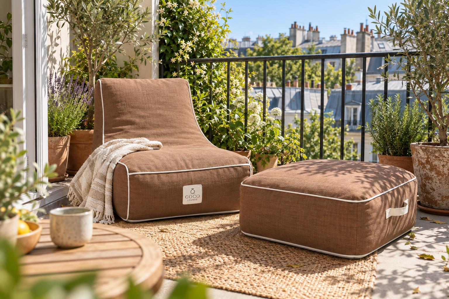 Fauteuil et pouf gonflables Coco Lounge chocolat sur un petit balcon en ville, plantes en pot