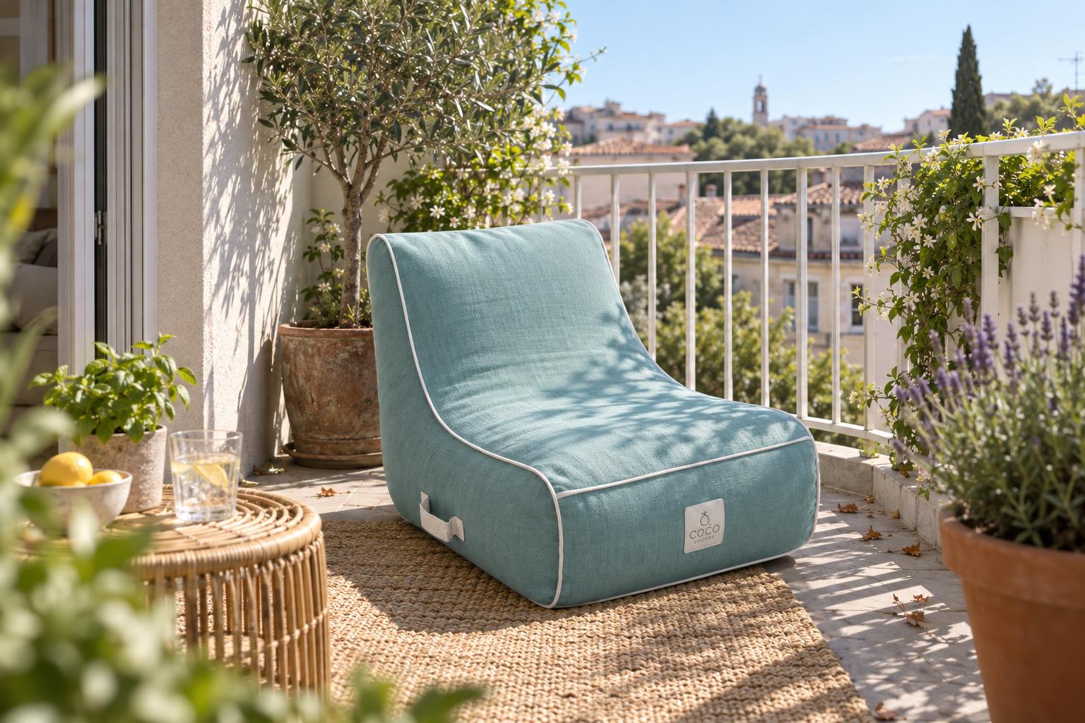 Fauteuil gonflable Coco Lounge vert d'eau sur un balcon d'appartement avec vue sur les toits