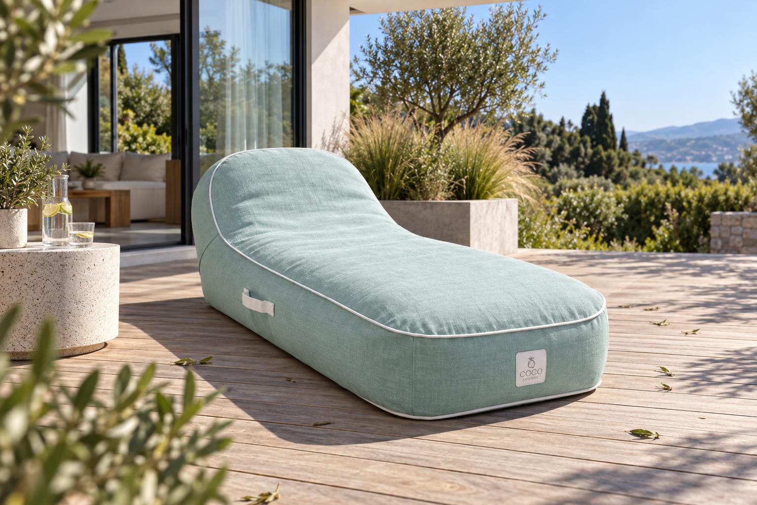 Transat gonflable Coco Lounge vert d'eau sur la terrasse en bois d'une villa contemporaine