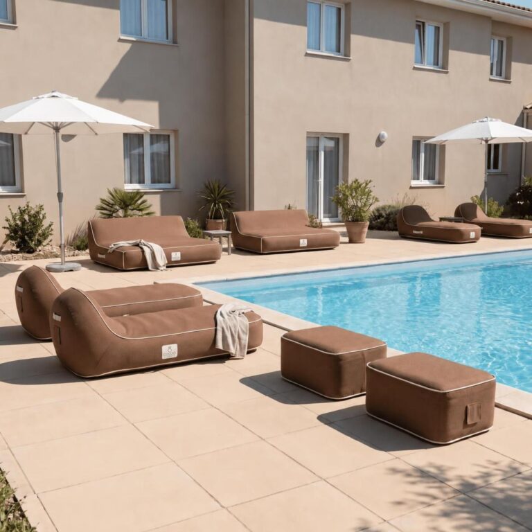 Salon de jardin gonflable chocolat autour d'une piscine, parasols blancs